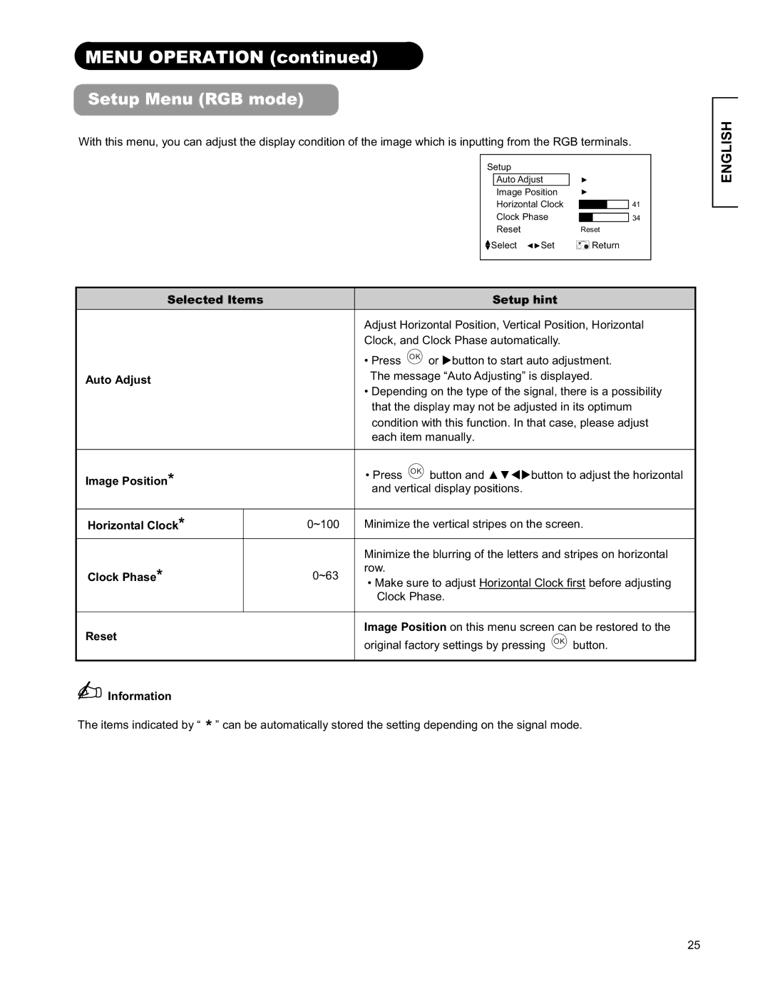 Hitachi 26LD9000TA2 user manual Setup Menu RGB mode 