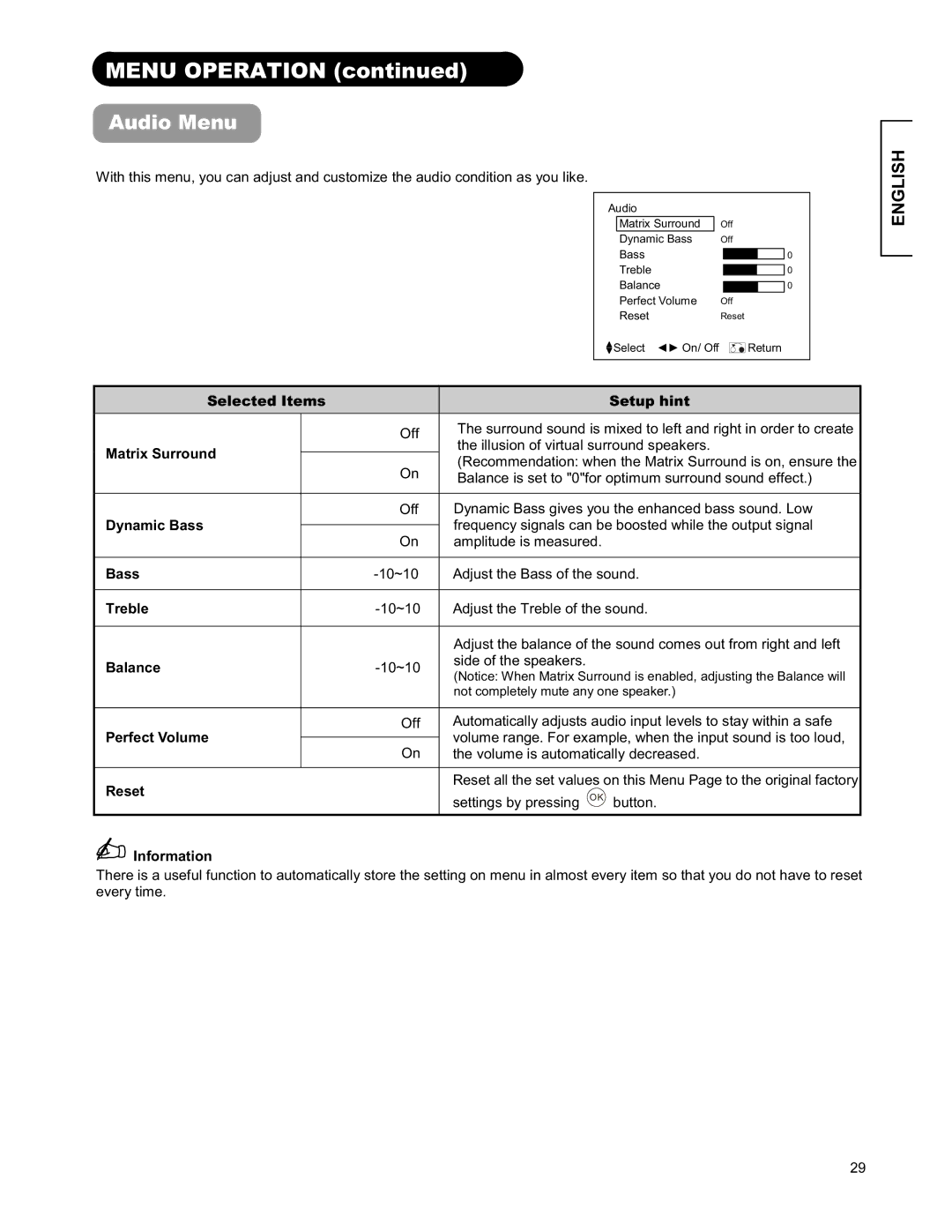 Hitachi 26LD9000TA2 user manual Audio Menu 