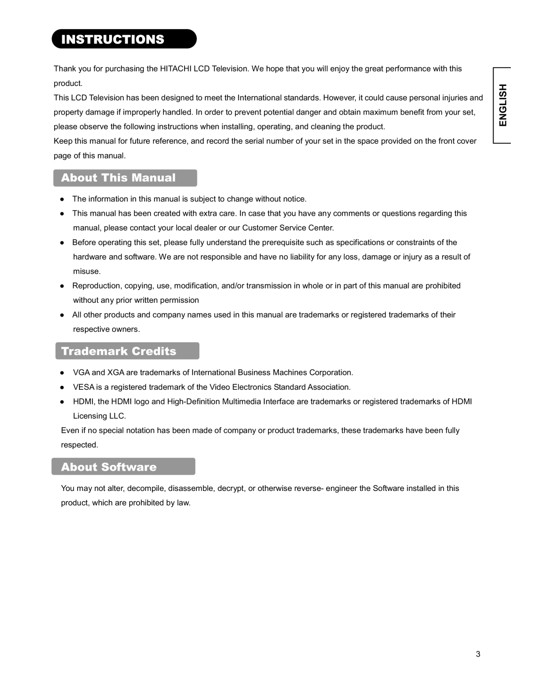 Hitachi 26LD9000TA2 user manual Instructions, About This Manual, Trademark Credits, About Software 