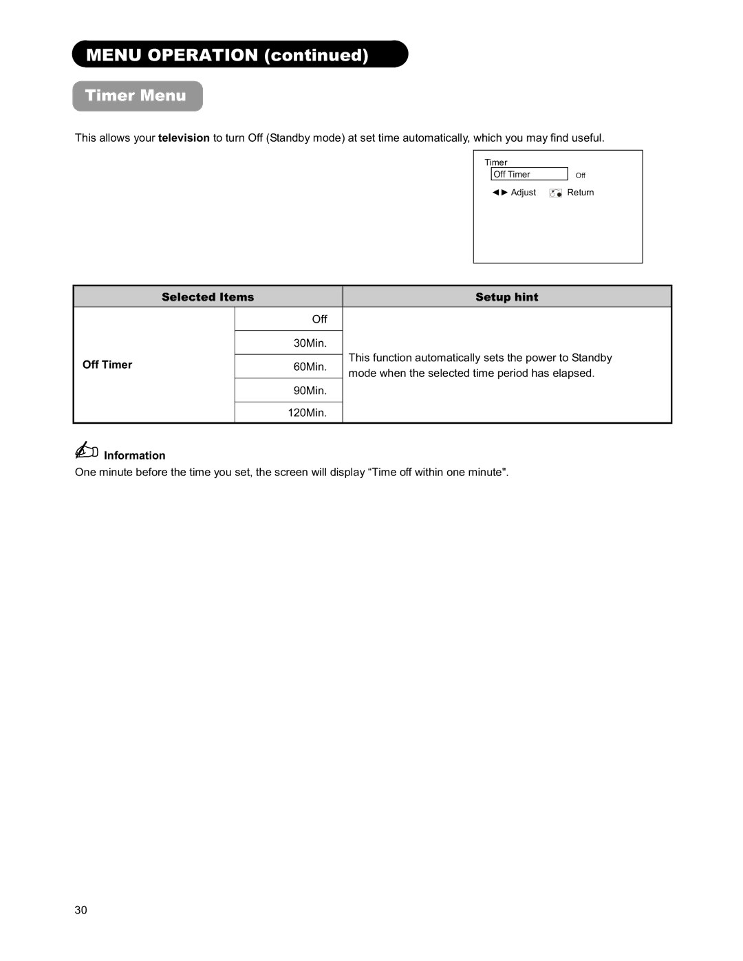 Hitachi 26LD9000TA2 user manual Timer Menu, Off Timer 