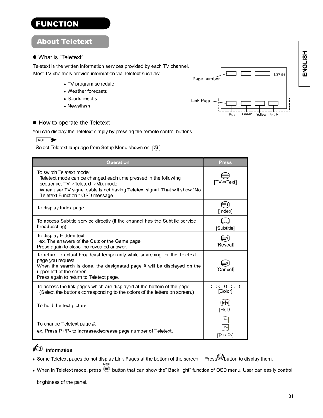 Hitachi 26LD9000TA2 user manual Function, About Teletext 