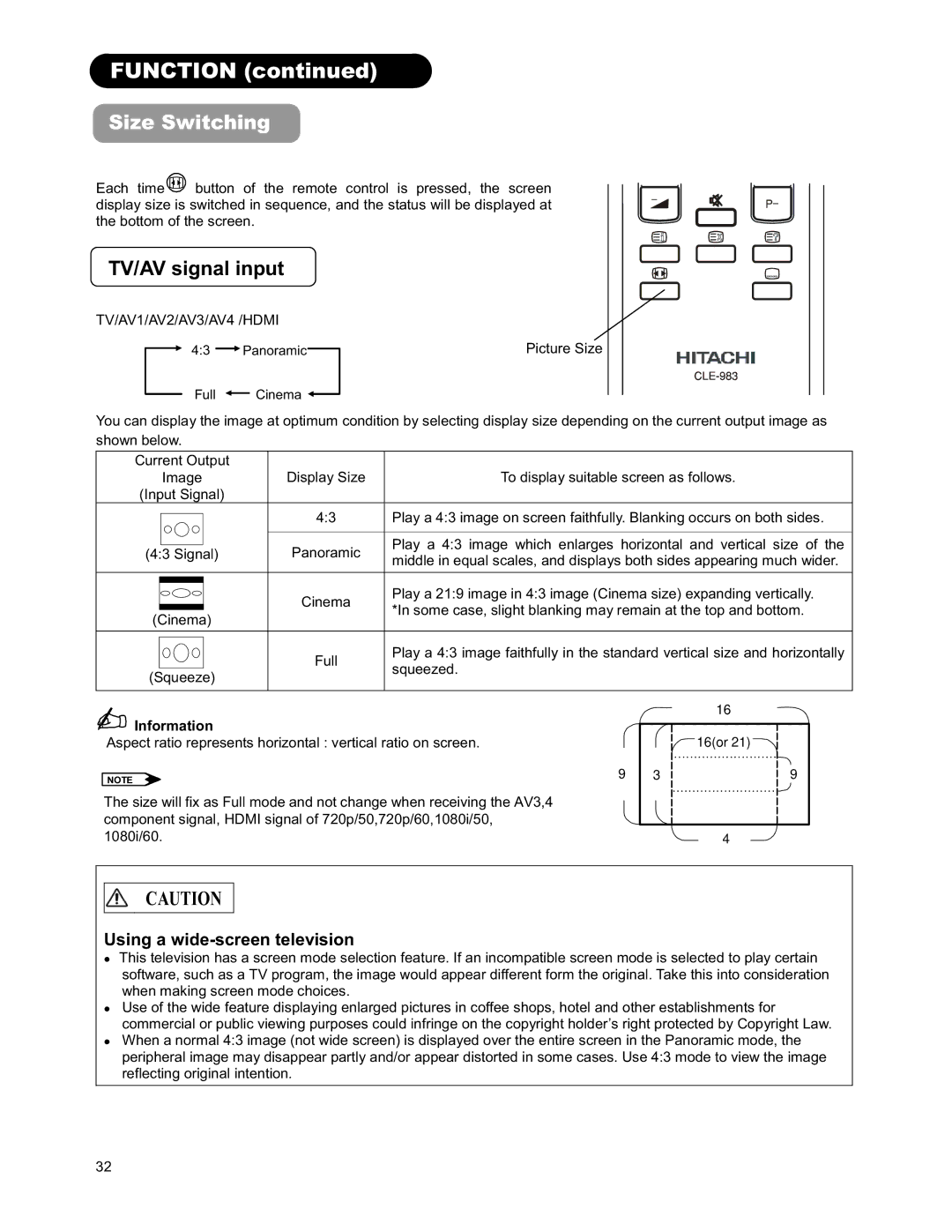 Hitachi 26LD9000TA2 user manual Aspect ratio represents horizontal vertical ratio on screen 