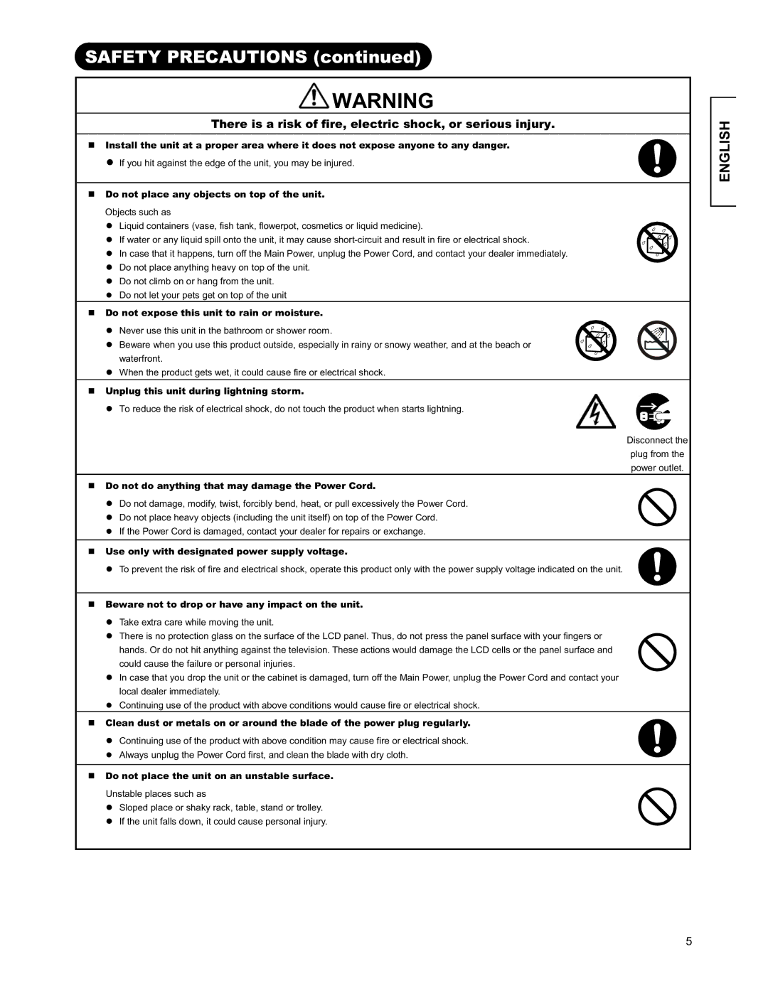 Hitachi 26LD9000TA2 user manual Safety Precautions, „ Do not place any objects on top of the unit 