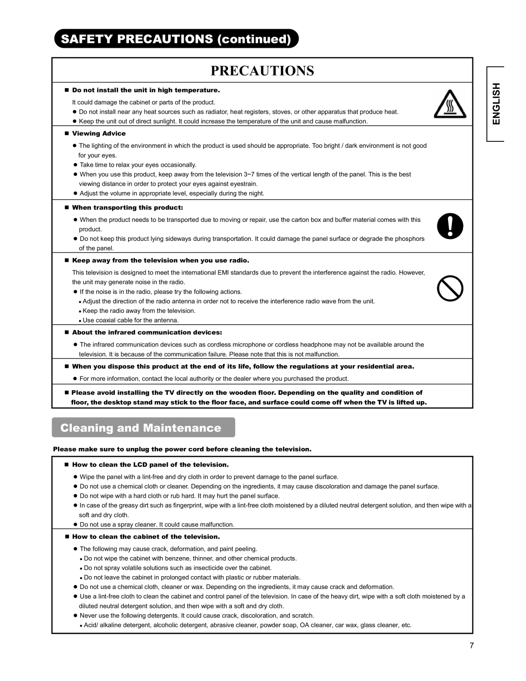 Hitachi 26LD9000TA2 user manual Precautions, Cleaning and Maintenance 