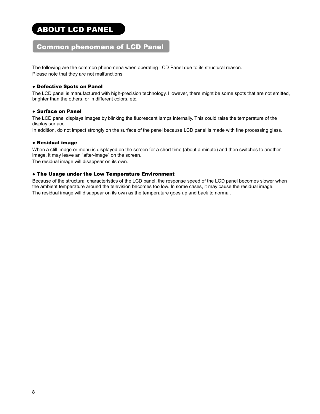 Hitachi 26LD9000TA2 user manual About LCD Panel, Common phenomena of LCD Panel 