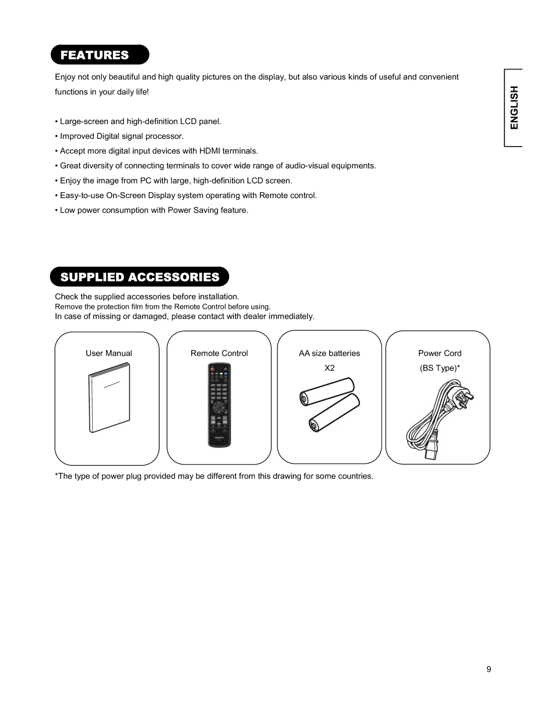 Hitachi 26LD9000TA2 user manual Features 