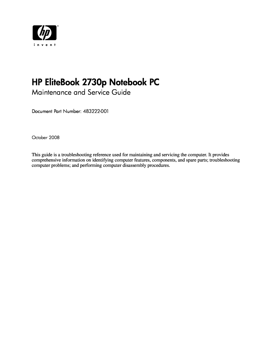 Hitachi 2730P manual HP EliteBook 2730p Notebook PC, Maintenance and Service Guide, Document Part Number, October 