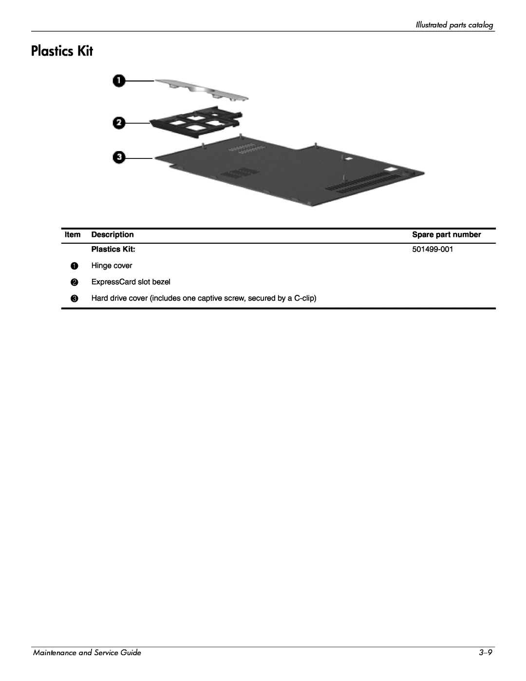 Hitachi 2730P manual Plastics Kit, Item, Description, Spare part number, 501499-001, Hinge cover 
