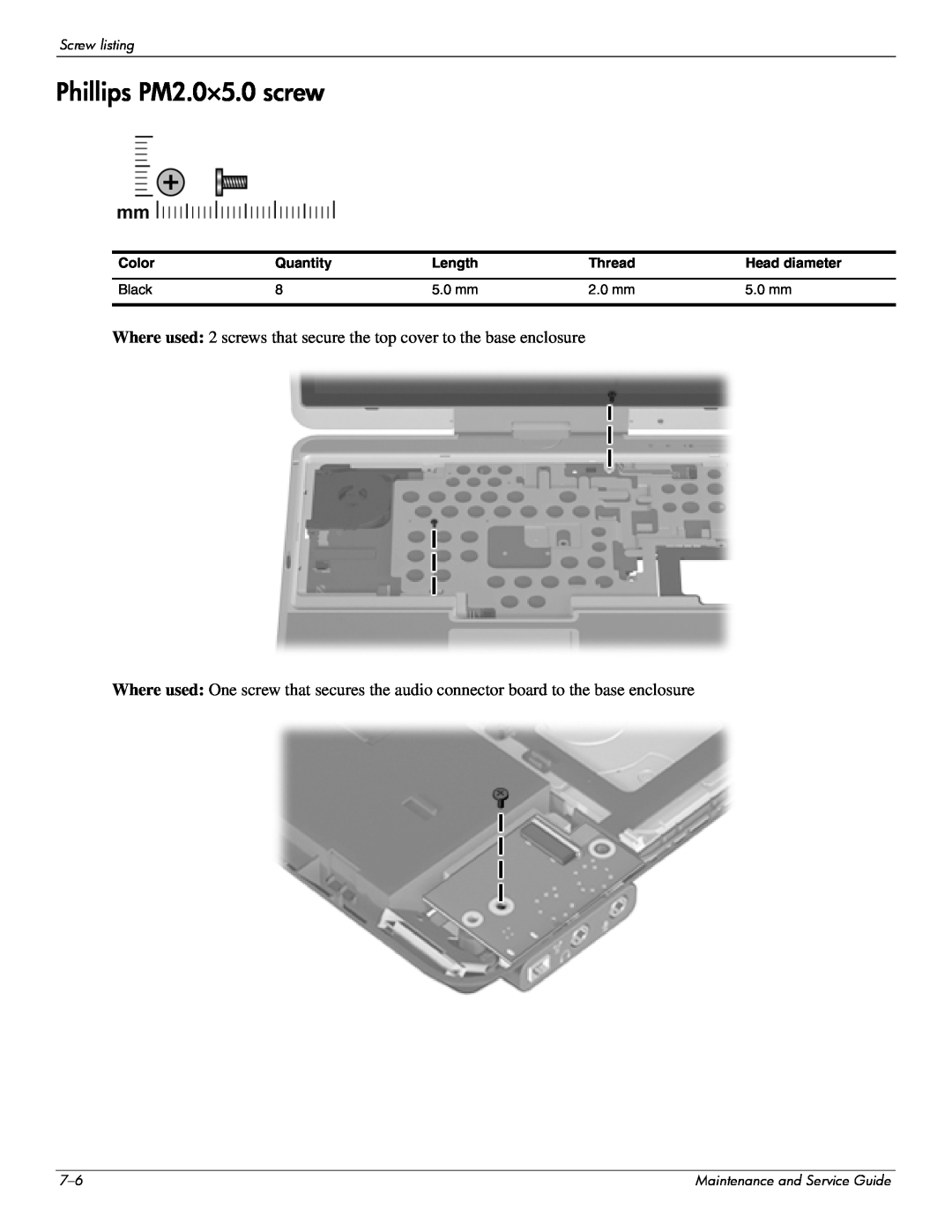 Hitachi 2730P manual Phillips PM2.0×5.0 screw, Screw listing 