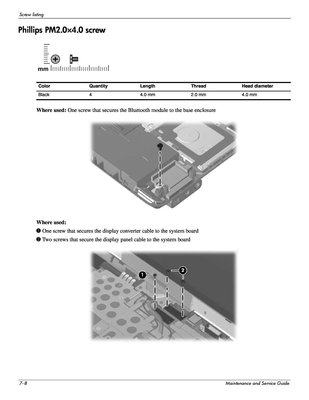 Hitachi 2730P manual Phillips PM2.0×4.0 screw, Screw listing 