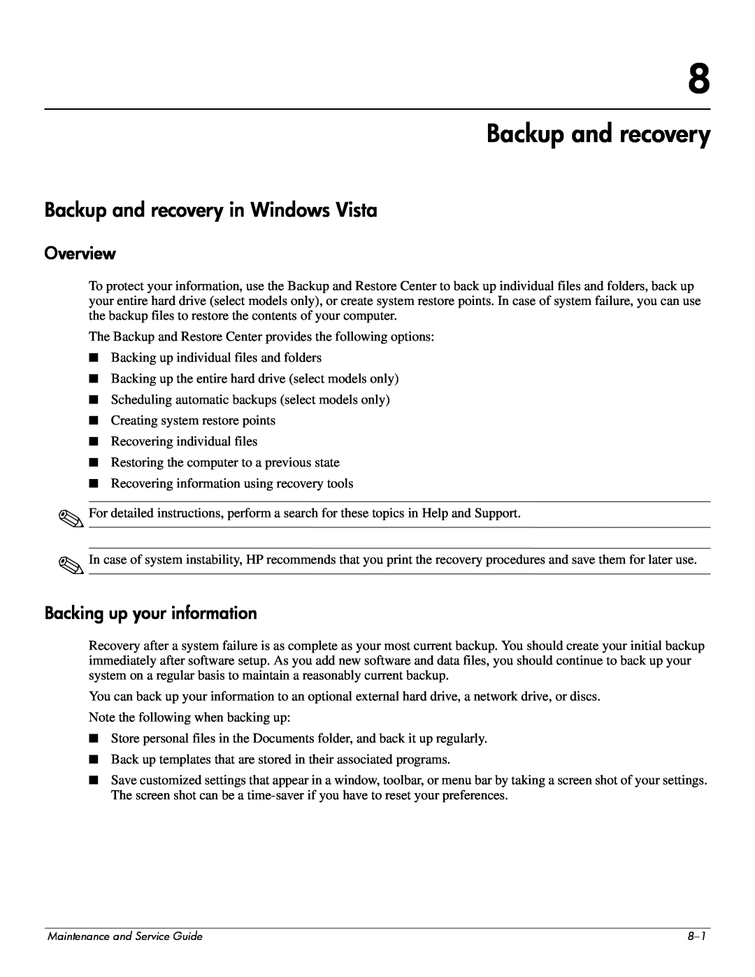 Hitachi 2730P manual Backup and recovery in Windows Vista, Overview, Backing up your information 