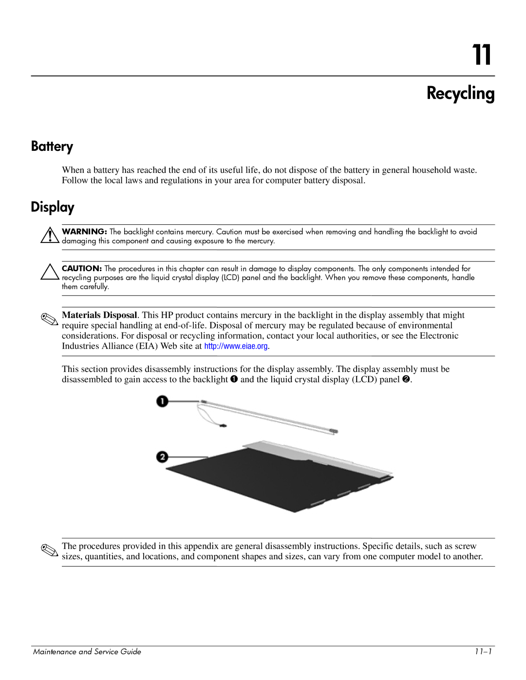 Hitachi 2730P manual Recycling, Battery, Display 