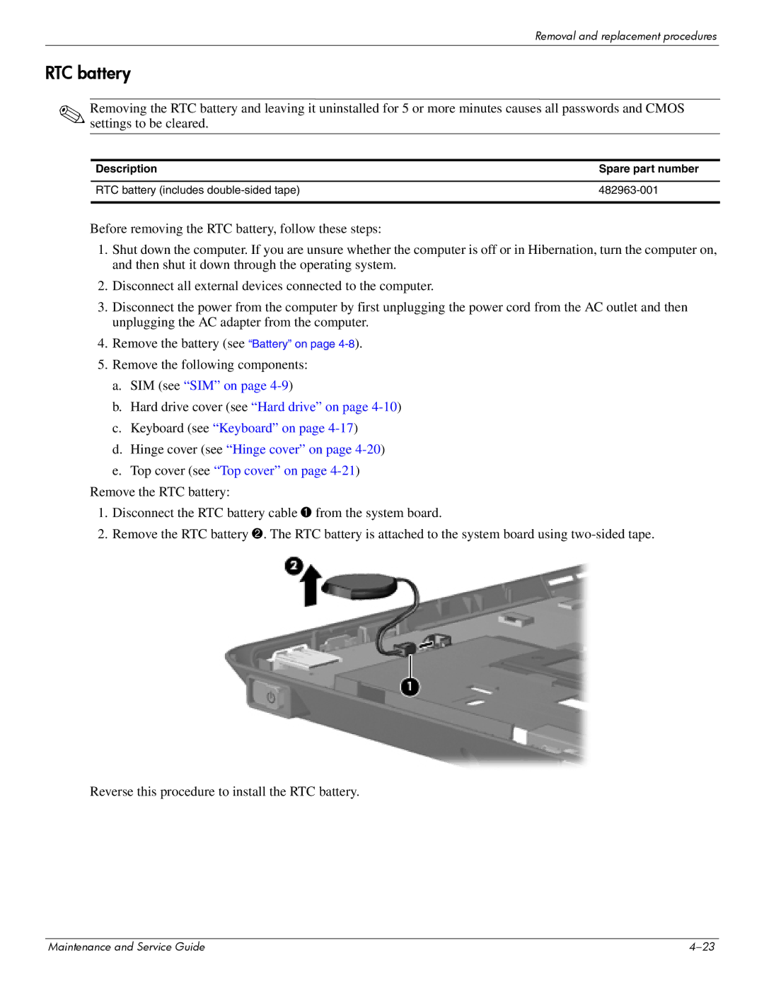 Hitachi 2730P manual RTC battery, Description Spare part number 