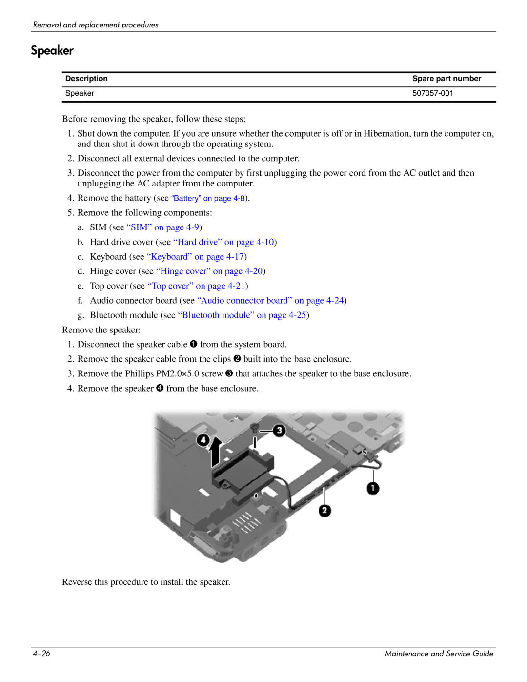 Hitachi 2730P manual Description Spare part number Speaker 507057-001 