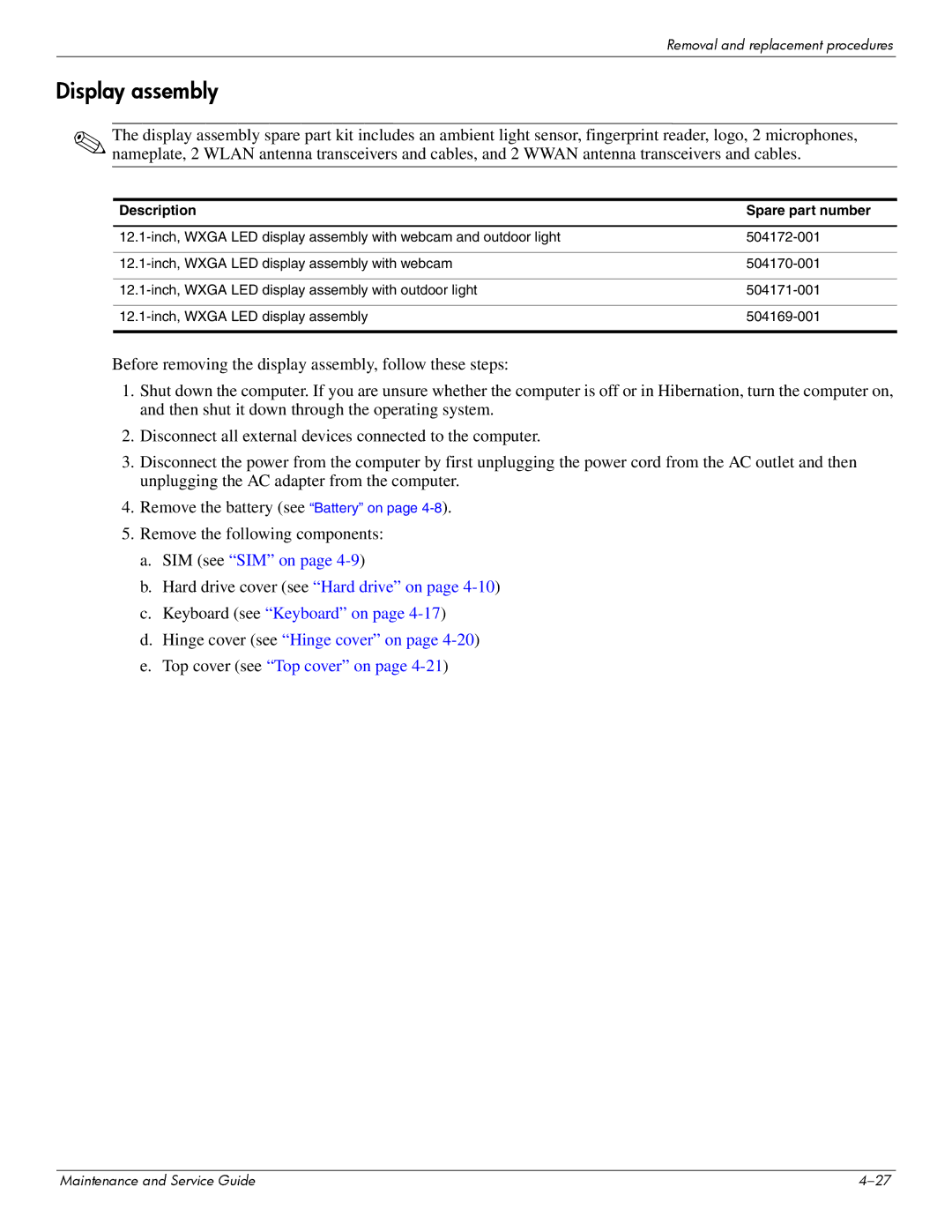 Hitachi 2730P manual Display assembly, Description Spare part number 