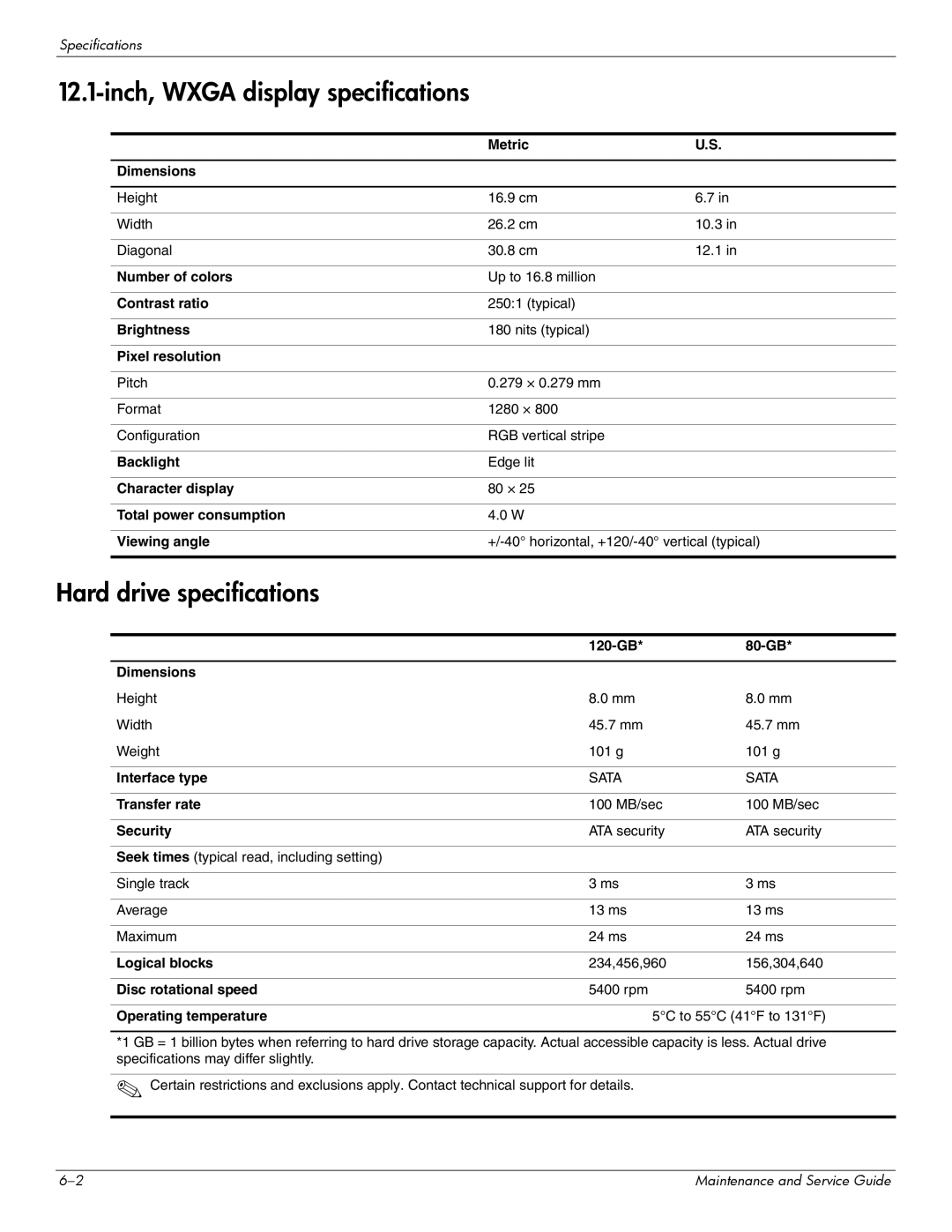 Hitachi 2730P manual Inch, Wxga display specifications, Hard drive specifications 