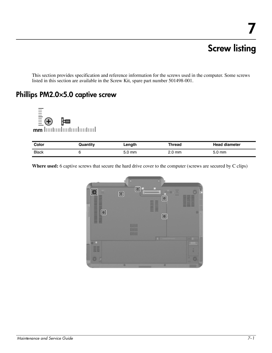 Hitachi 2730P manual Screw listing, Phillips PM2.0×5.0 captive screw, Color Quantity Length Thread Head diameter Black 