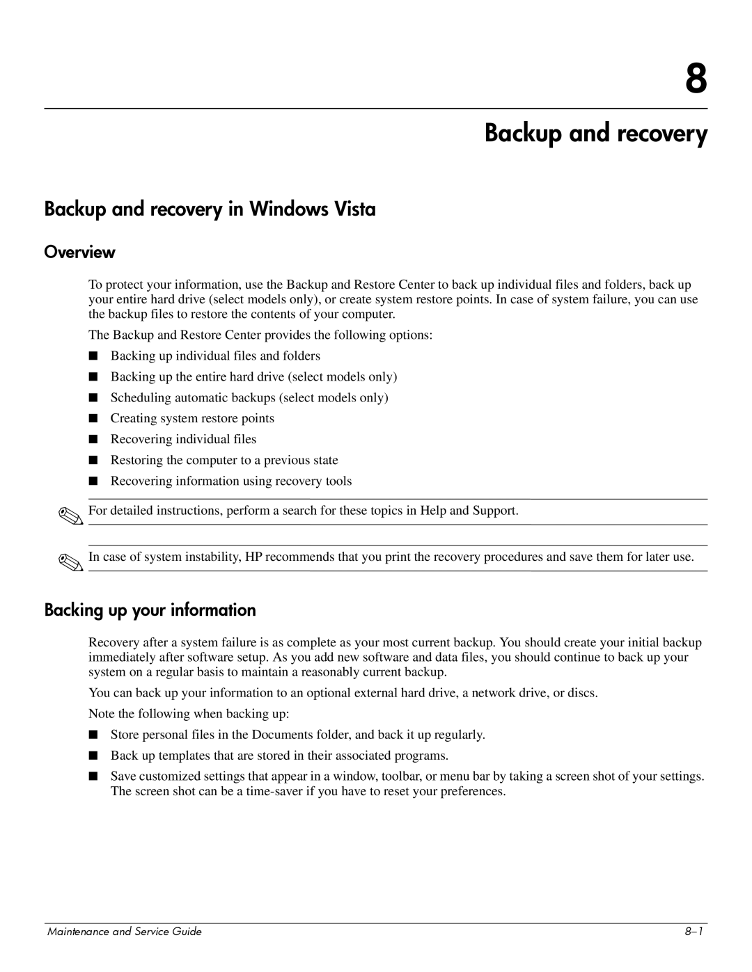 Hitachi 2730P manual Backup and recovery in Windows Vista, Overview, Backing up your information 