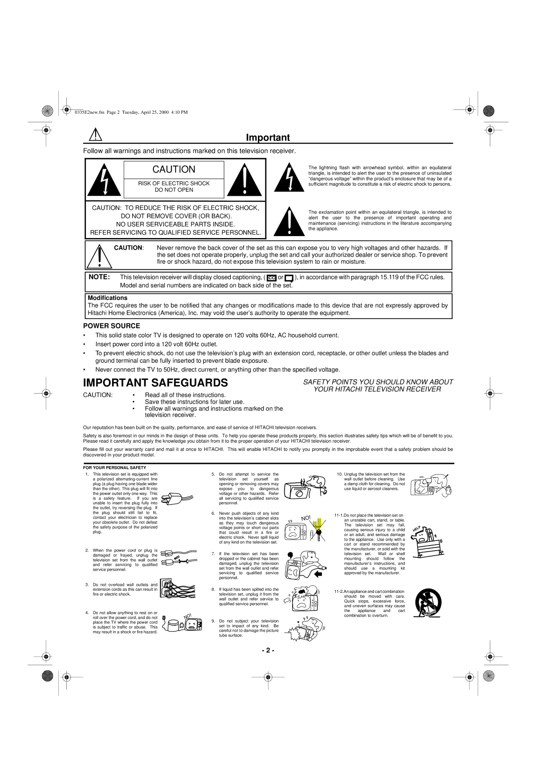 Hitachi 27GX01B manual Important Safeguards 