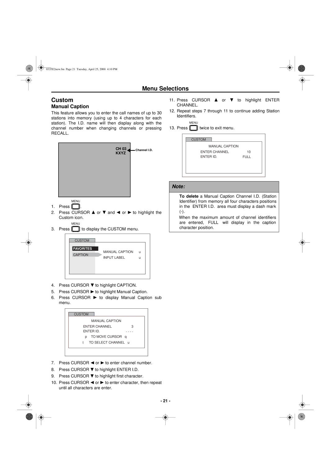 Hitachi 27GX01B manual Menu Selections Custom, Manual Caption 