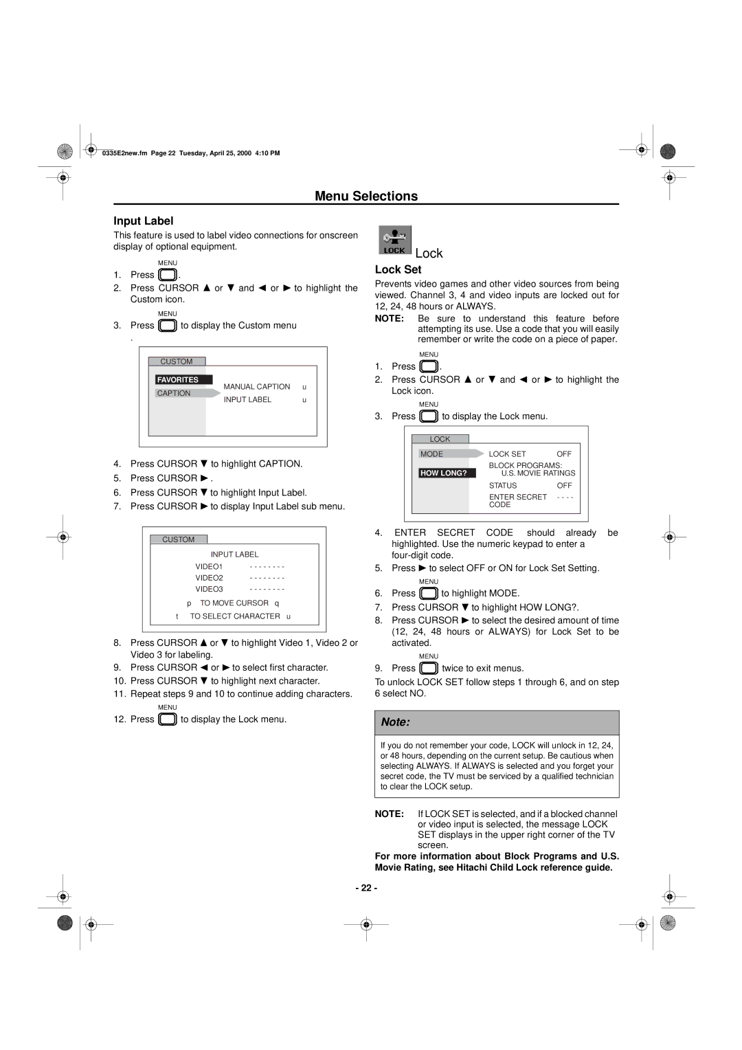 Hitachi 27GX01B manual Input Label, Lock Set 