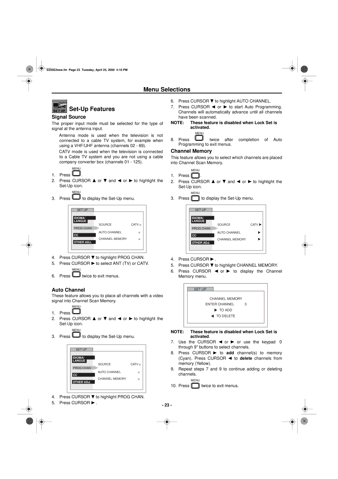 Hitachi 27GX01B manual Menu Selections Set-Up Features, Signal Source, Channel Memory, Auto Channel 