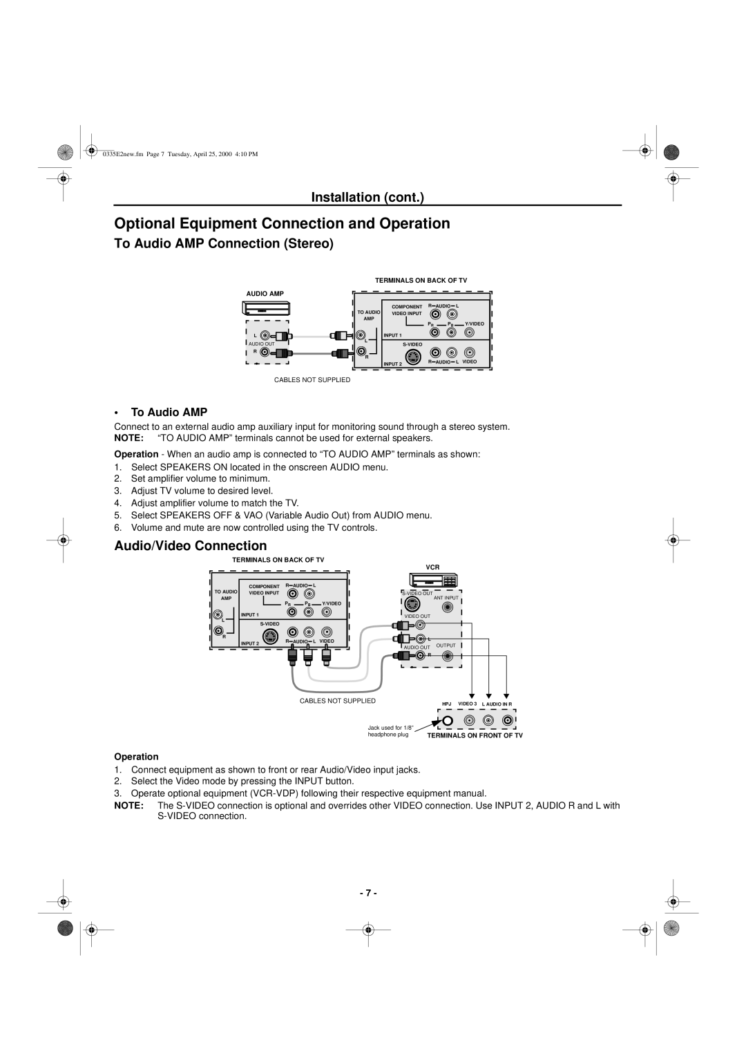 Hitachi 27GX01B manual Optional Equipment Connection and Operation, To Audio AMP Connection Stereo, Audio/Video Connection 