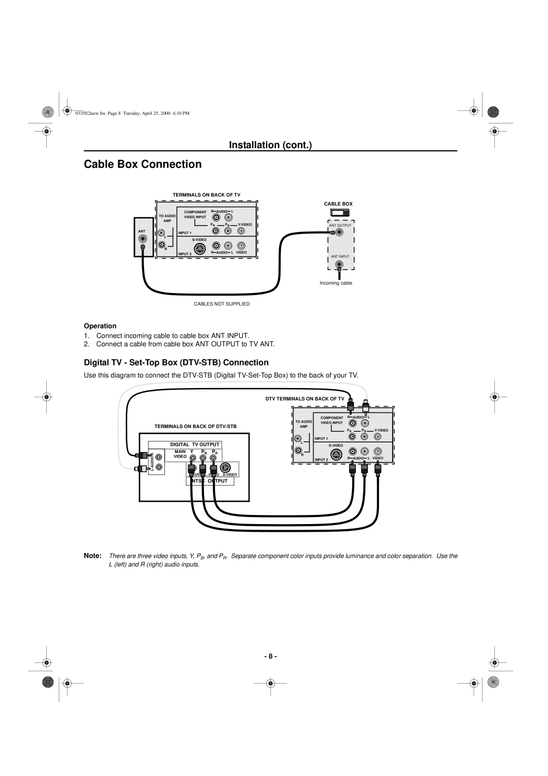 Hitachi 27GX01B manual Cable Box Connection, Digital TV Set-Top Box DTV-STB Connection 