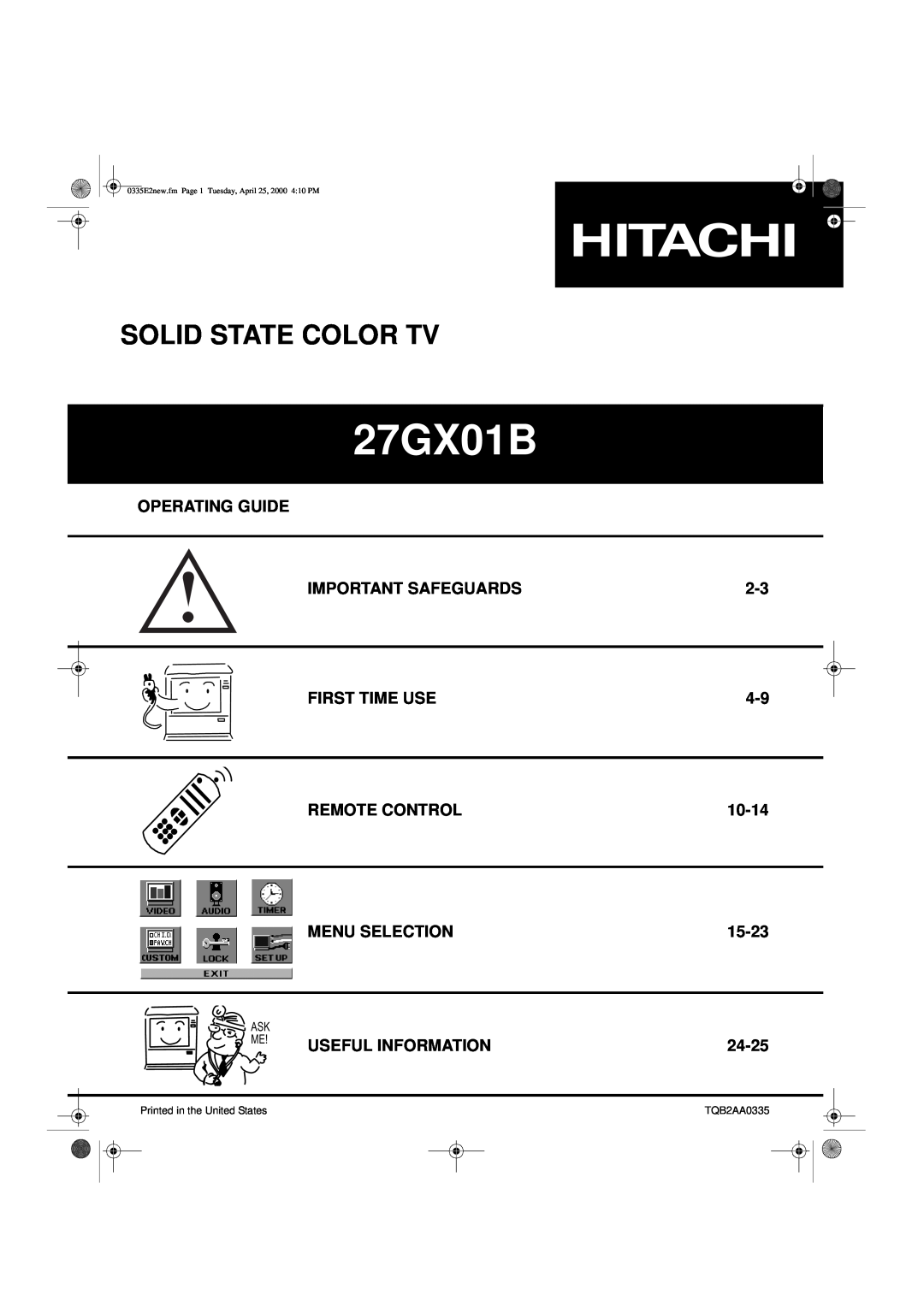 Hitachi 27GX01B manual Solid State Color Tv 