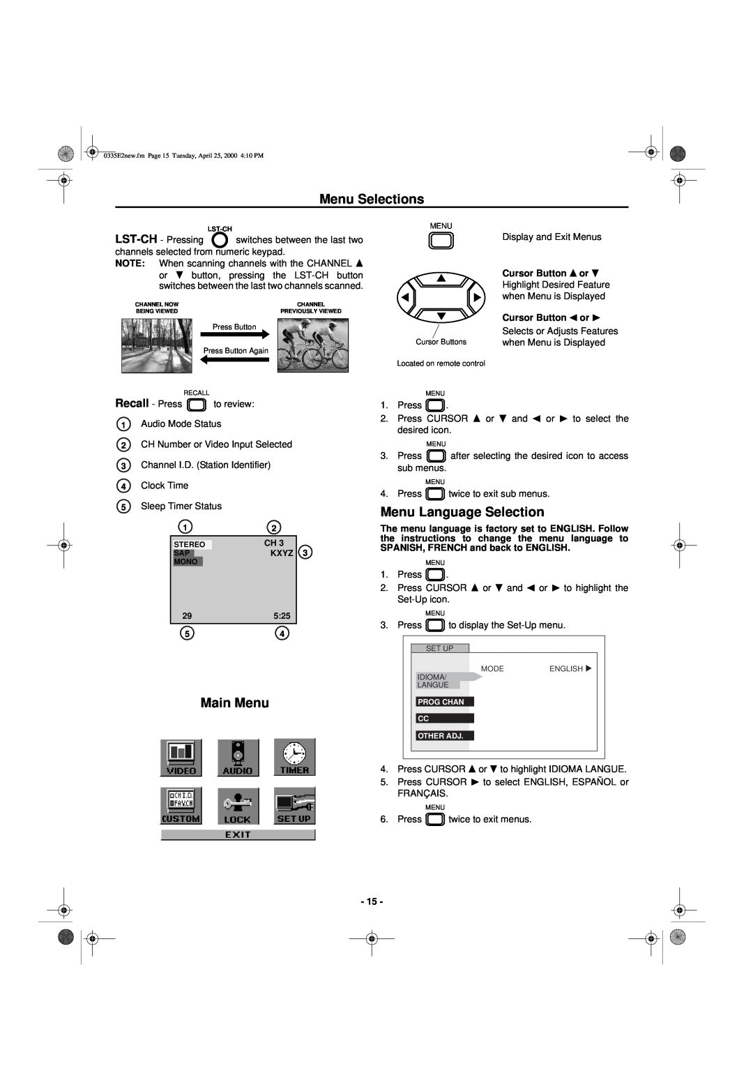 Hitachi 27GX01B manual Menu Selections, Main Menu, Menu Language Selection, Cursor Button, Kxyz, 29525 