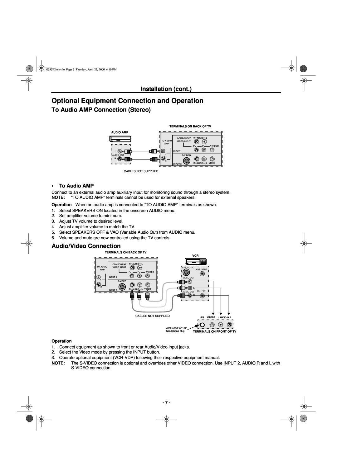 Hitachi 27GX01B manual Optional Equipment Connection and Operation, To Audio AMP 