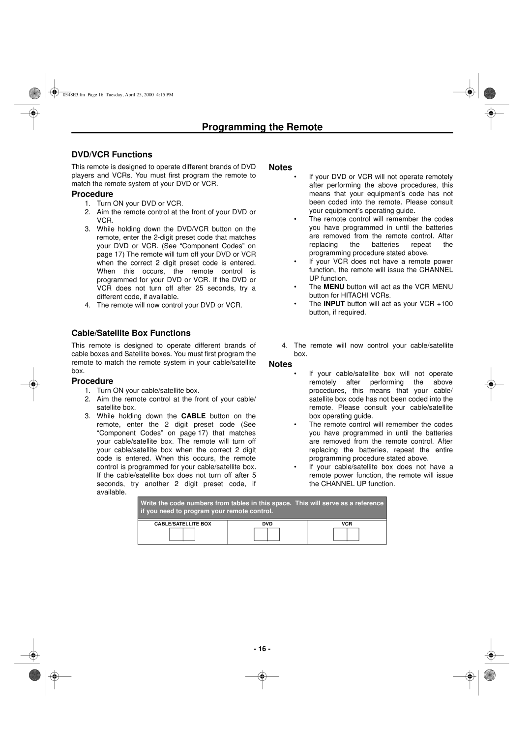 Hitachi 27UX01B manual Programming the Remote, DVD/VCR Functions, Cable/Satellite Box Functions 