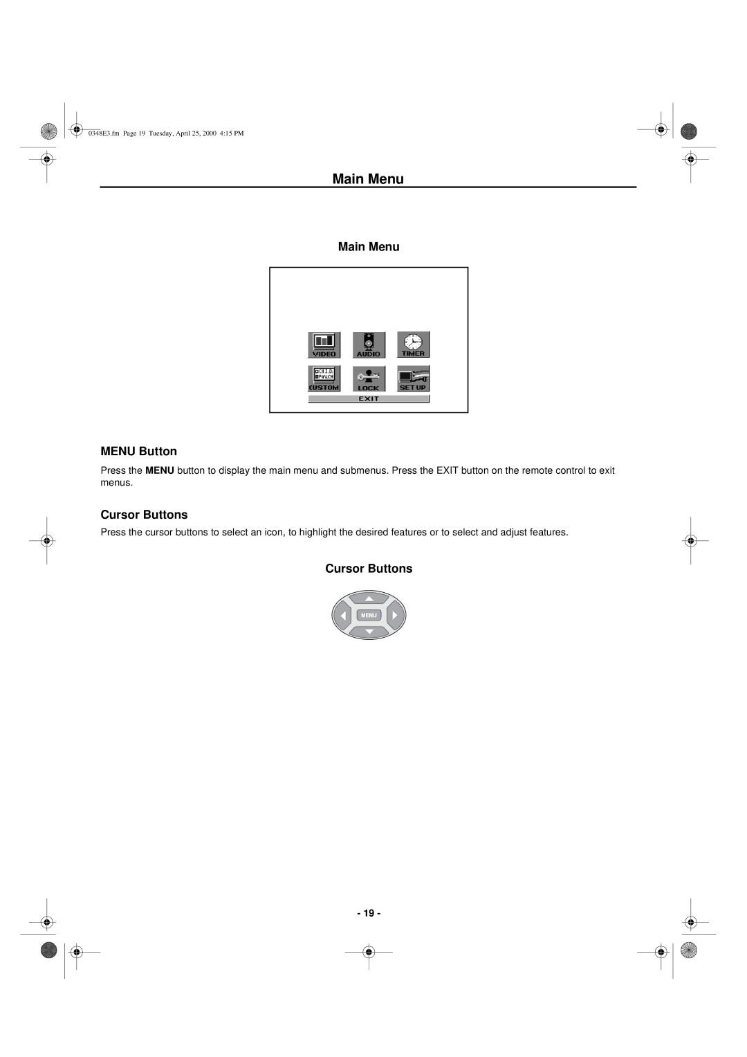 Hitachi 27UX01B manual Main Menu Menu Button, Cursor Buttons 