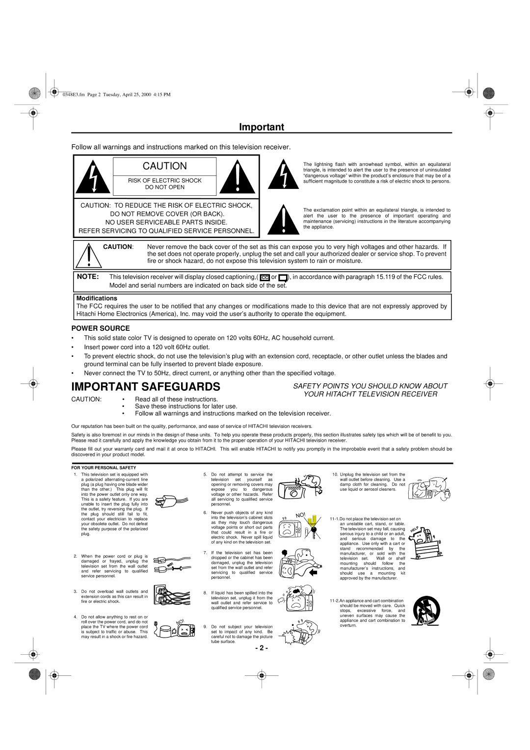 Hitachi 27UX01B manual Important Safeguards 