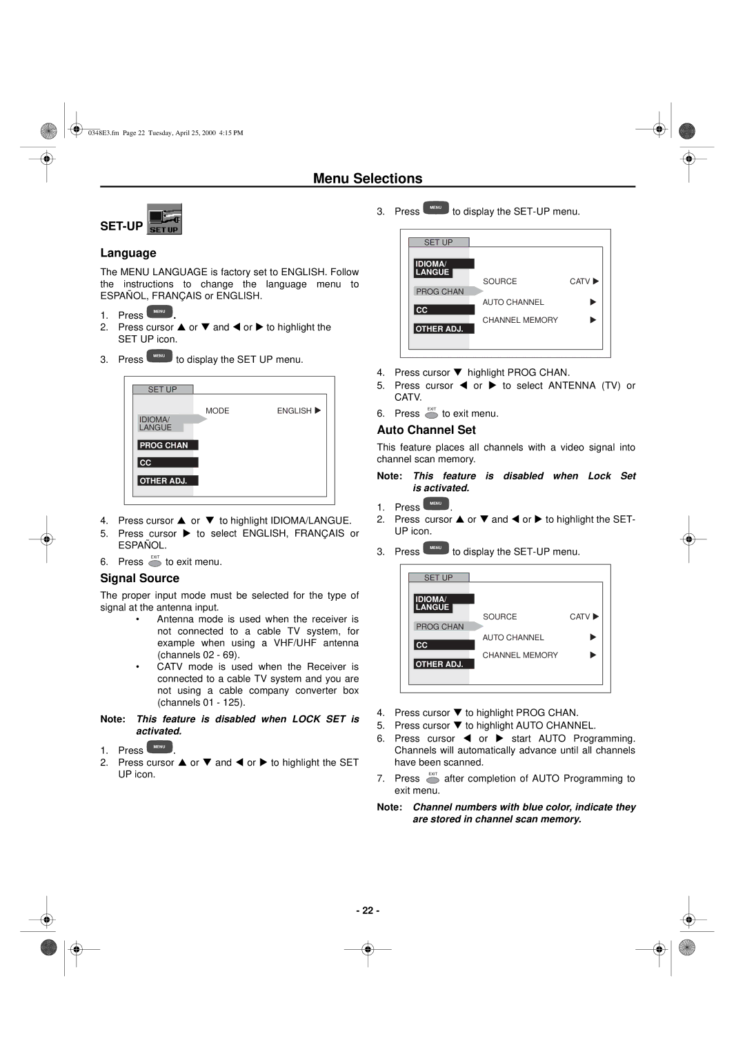 Hitachi 27UX01B manual Menu Selections, Set-Up, Language, Signal Source, Auto Channel Set 