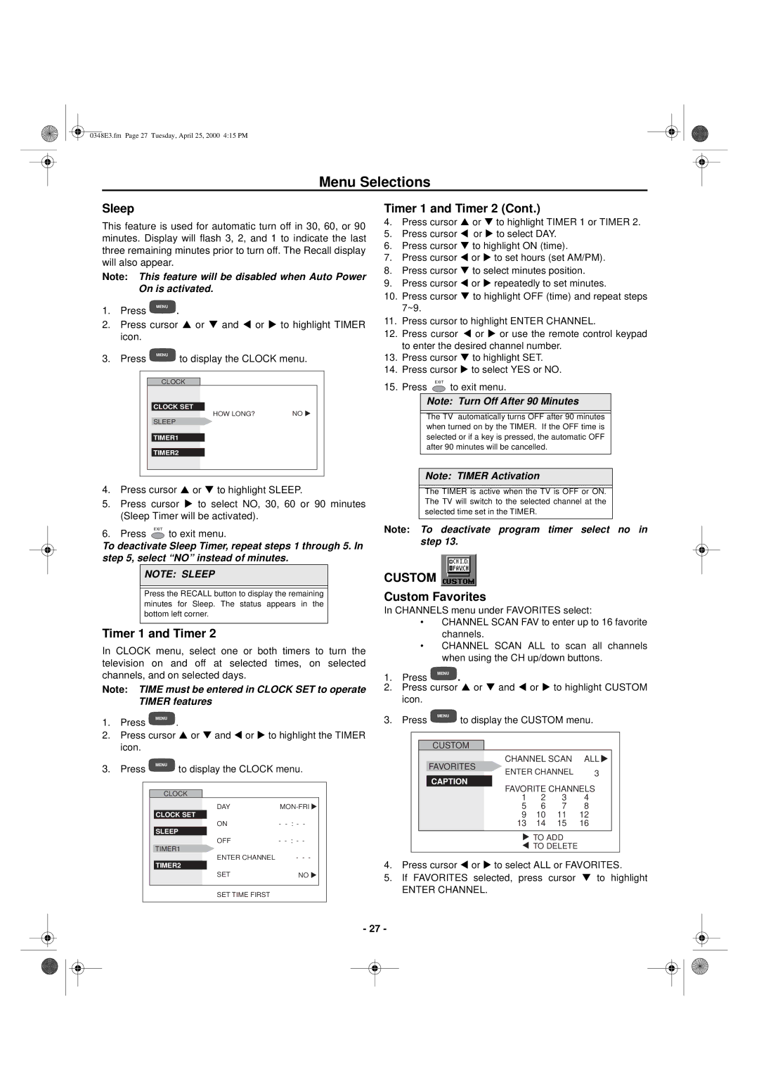 Hitachi 27UX01B manual Sleep, Timer 1 and Timer 2, Custom Favorites 