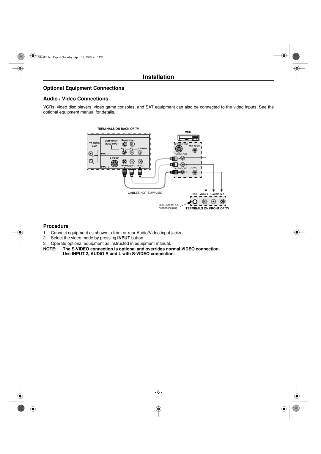 Hitachi 27UX01B manual Optional Equipment Connections Audio / Video Connections, Procedure 