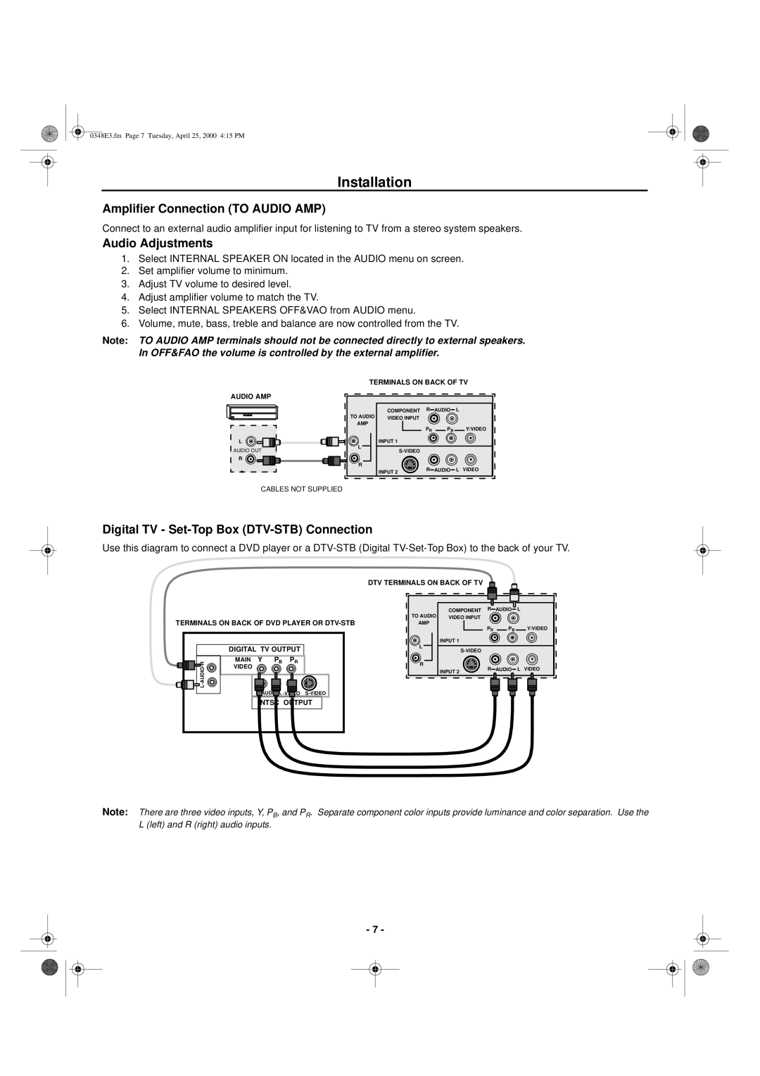 Hitachi 27UX01B manual Amplifier Connection to Audio AMP, Audio Adjustments, Digital TV Set-Top Box DTV-STB Connection 