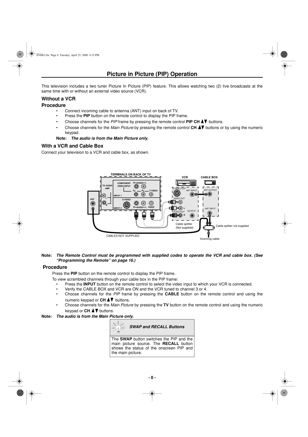 Hitachi 27UX01B manual Picture in Picture PIP Operation, Without a VCR Procedure, With a VCR and Cable Box 