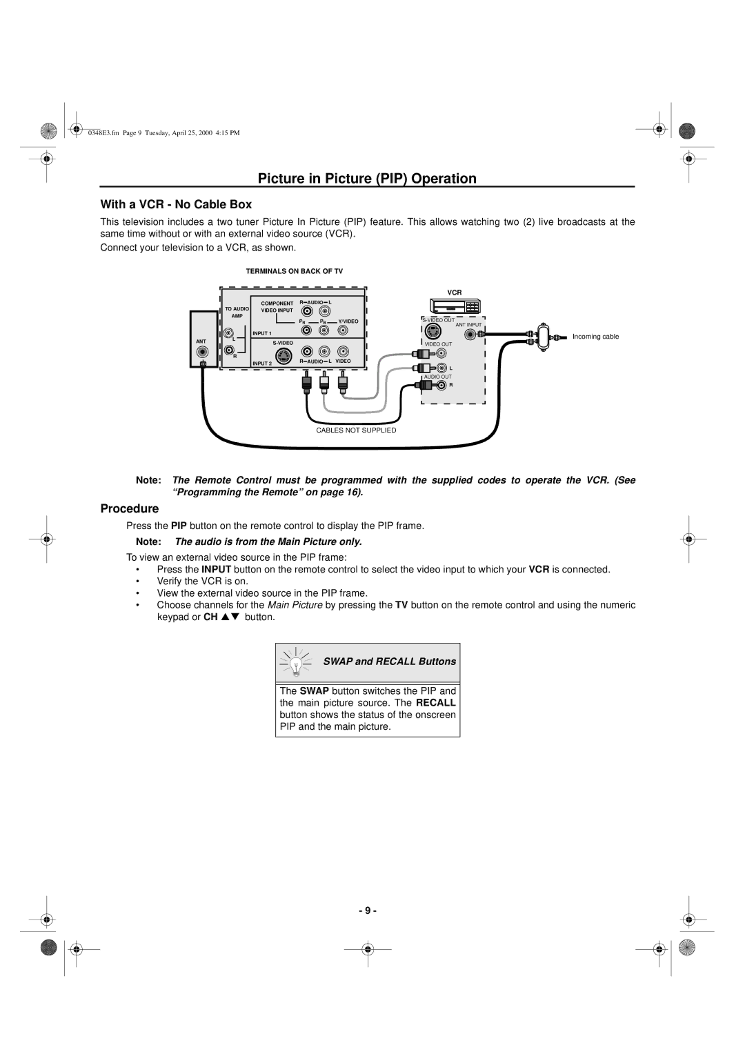 Hitachi 27UX01B manual With a VCR No Cable Box 