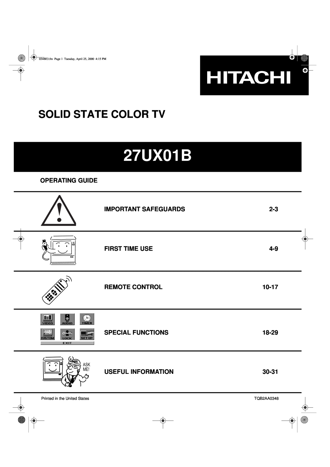 Hitachi 27UX01B manual Solid State Color Tv 