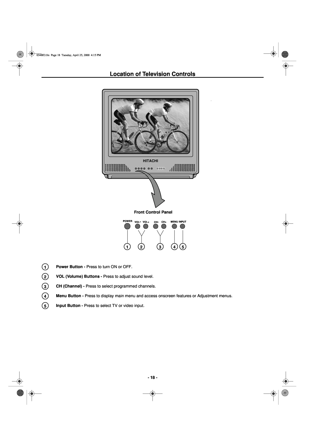 Hitachi 27UX01B manual Location of Television Controls, Front Control Panel 