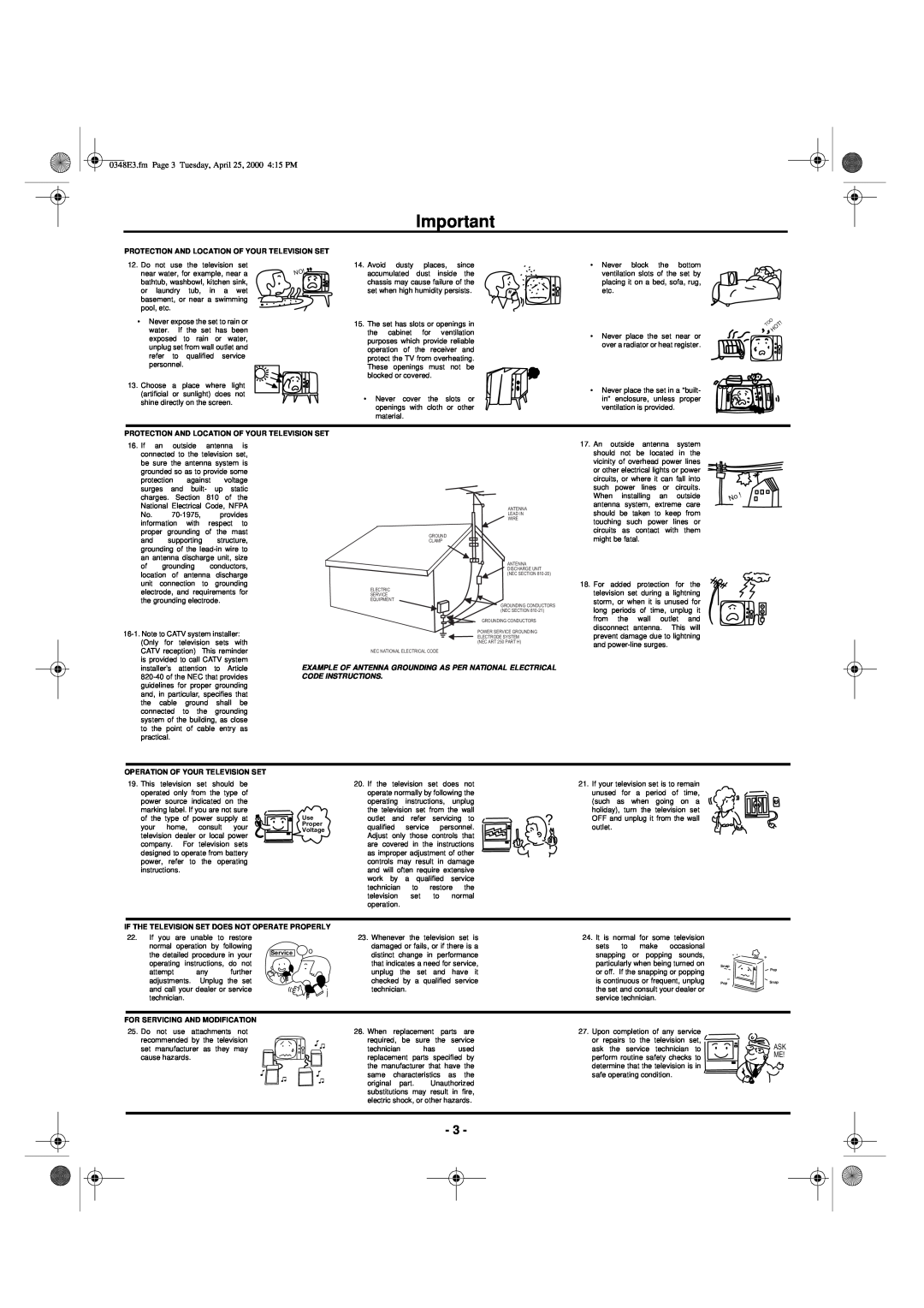 Hitachi 27UX01B manual 0348E3.fm Page 3 Tuesday, April 25, 2000 415 PM, Protection And Location Of Your Television Set 