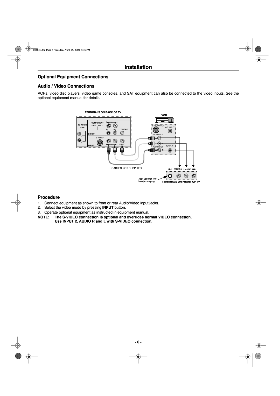 Hitachi 27UX01B manual Optional Equipment Connections Audio / Video Connections, Procedure 
