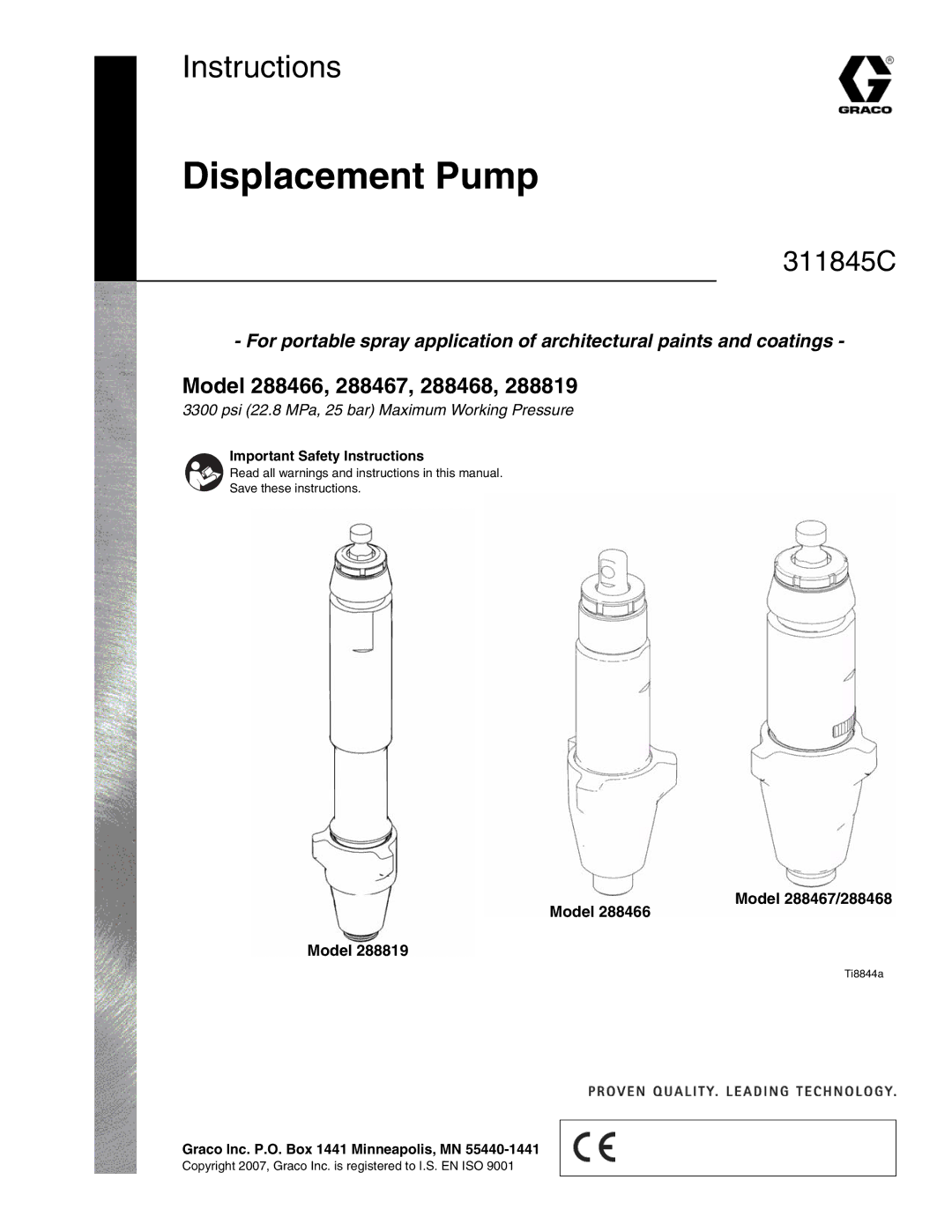 Hitachi 288466 important safety instructions Displacement Pump, Model 288467/288468 