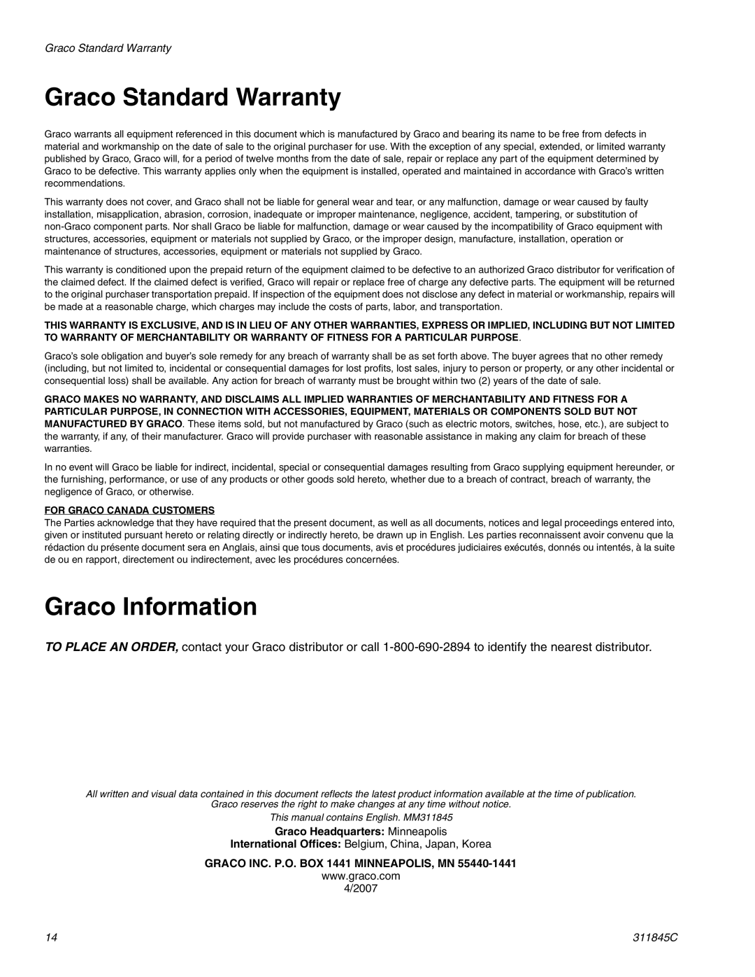 Hitachi 288466 important safety instructions Graco Standard Warranty, Graco Information 