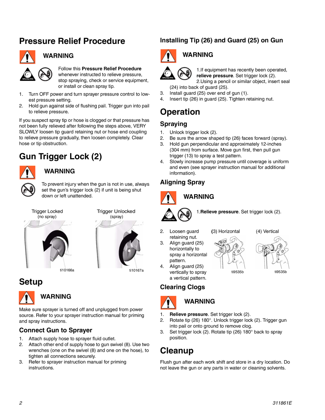 Hitachi 288477 important safety instructions Pressure Relief Procedure, Gun Trigger Lock, Setup, Operation, Cleanup 