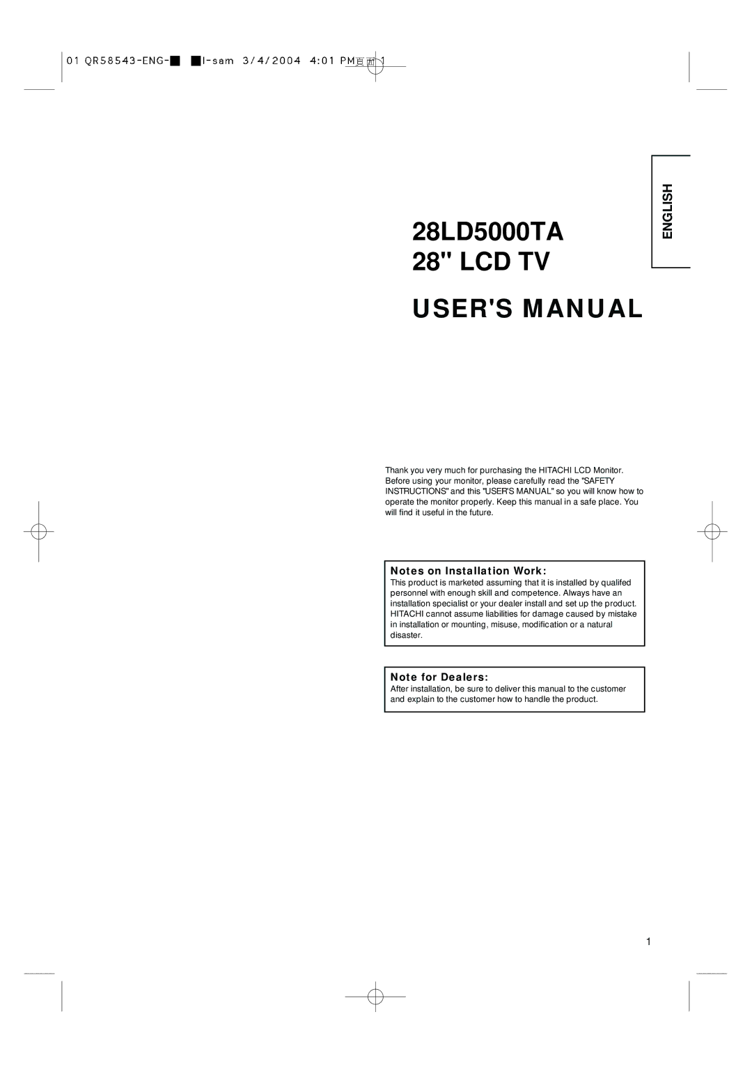 Hitachi user manual 28LD5000TA 28 LCD TV 