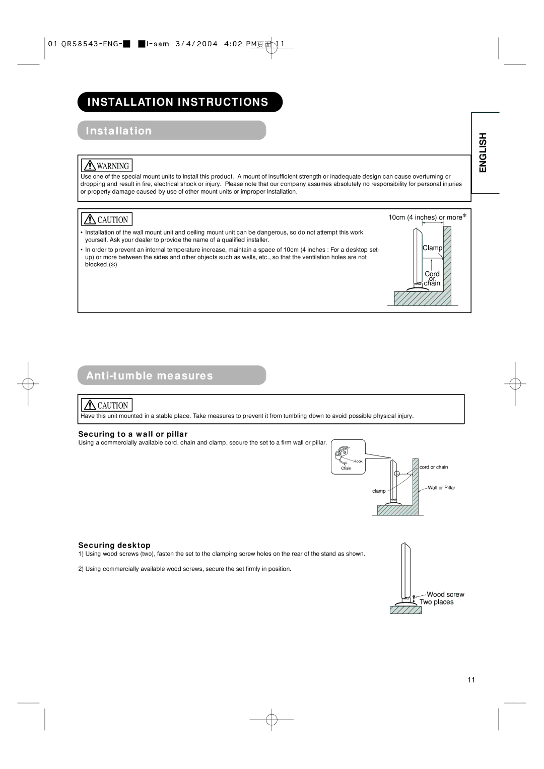 Hitachi 28LD5000TA Installation Instructions, Anti-tumble measures, Securing to a wall or pillar, Securing desktop 