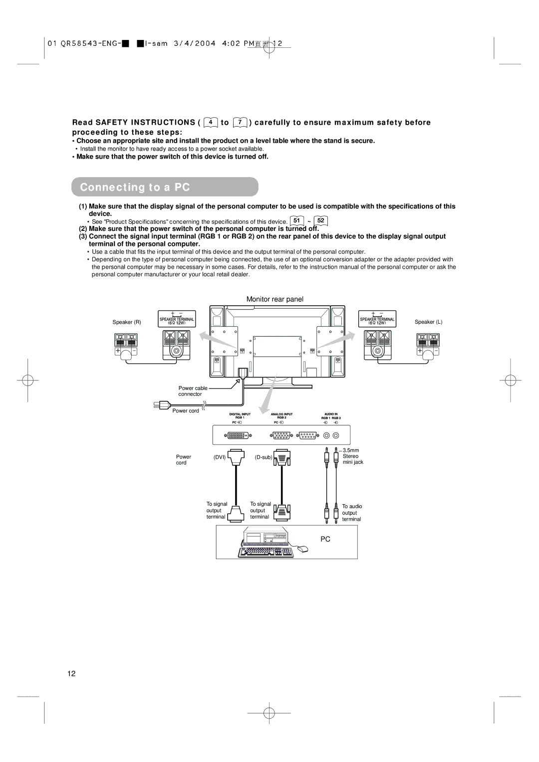 Hitachi 28LD5000TA user manual Connecting to a PC, Monitor rear panel 